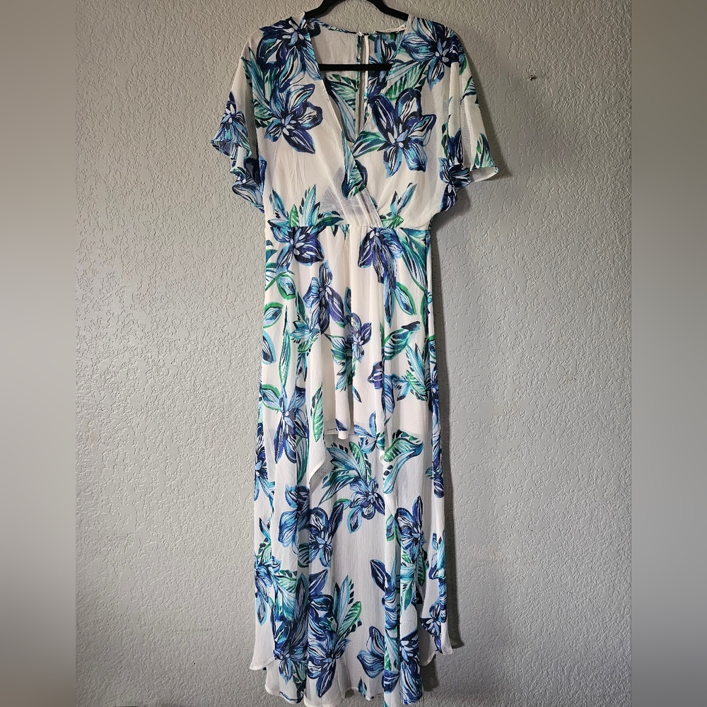 Lush White Maxi Dress with Blue & Green Floral Print